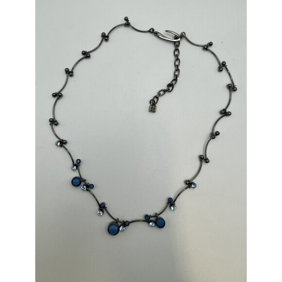 Givenchy Gun Metal Twisted Links Blue Crystal Dainty Necklace - Picture 2 of 8